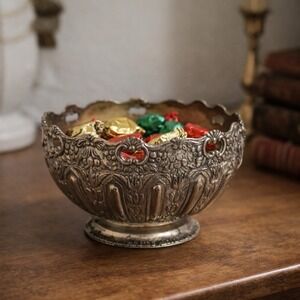 VTG Raimond Silverplate Ornate Footed Bowl Vintage Tarnished Patina Pierced Rim